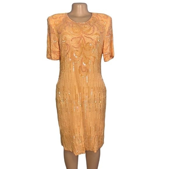 Jewel Queen Vintage Dres Sherbert Orange Short Sleeve Silk - Picture 1 of 12